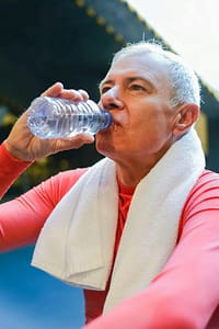 Man hydrating and recovering from sports Man recovering from his sport and physical activities