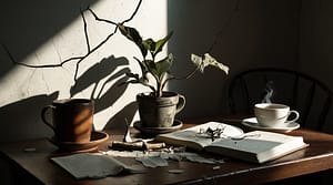A cracked mirror, a wilted plant in a broken pot, a torn journal, and a steaming cup of tea on a table, all set in a dimly lit room with soft shadows.
