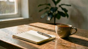 A sunlit room with a wooden table, a cup of tea, a notebook, and a plant in the background, suggesting a calm and reflective environment.