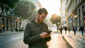 A person walking through a city street in the early morning, pausing to look at their phone, with soft natural light and a mix of urban and natural elements in the background.