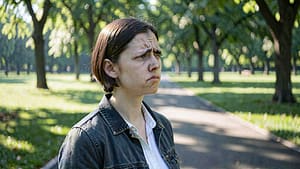 A person standing at the edge of a quiet park path, looking thoughtfully toward the distance.