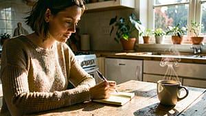 A person sitting at a kitchen table with a notebook and pen, looking thoughtfully, in a cozy, sunlit room.