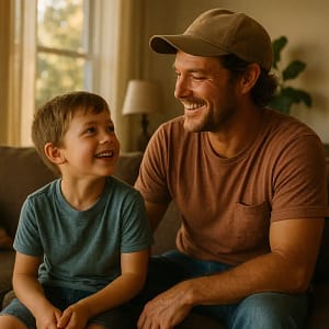 A father and son smiling together on a couch.
