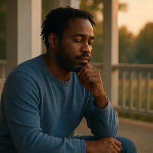 A man in a blue sweater sits pensively outdoors.