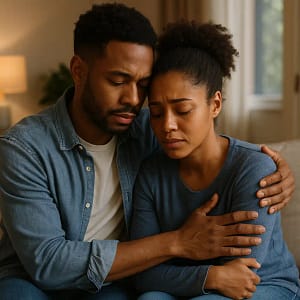 Couple embracing, expressing emotional support and comfort.