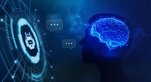 Illustration of a digital brain interacting with AI chat bubbles.