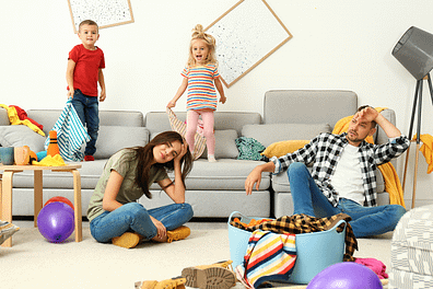 Messy Family Room Parents exhausted with kid's mess