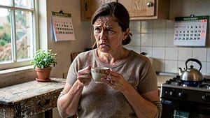 A young person in a cozy kitchen, holding a mug of tea, looking slightly tense but calm, with natural light and household details in the background.